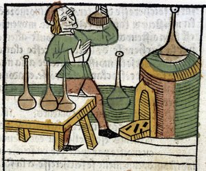 Alquimista - en "Los propietarios de las cosas tanto corporales como espirituales" (libro XVIII) por Glanville, Lyon de French School