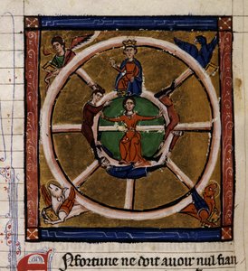 Alejandro III El Grande (356-323 a.C.) sentado en la rueda de la Fortuna rodea el Tetramorfos. Miniatura del manuscrito "Historia antigua a la Cesar", alrededor de 1260-1270 escrita por un escriba al servicio de la corte de Roger IV, Chatelain de Lille
