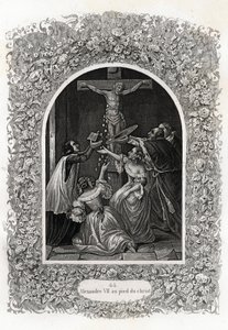 Alejandro VII (Alejandro o Alessandro) (Papa de 1655 a 1667) a los pies de Cristo. Grabado para ilustrar Histoire des popes por Maurice Lachatre (1814-1900), librería del progreso, París de French School