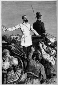 Alejandro de Battenberg - El príncipe Alejandro I después de su abdicación fue aclamado por el pueblo cuando dejó Sofía. Grabado en "El Mundo Ilustre" de French School