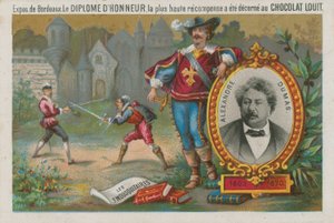 Alexandre Dumas y una escena de Los Tres Mosqueteros de French School