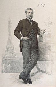 Alexandre Gustave Eiffel posando junto a su escritorio con un dibujo de la Torre Eiffel, ilustración de La Revue Illustrée, 1888