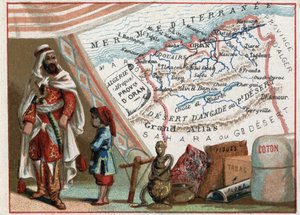 Argelia en África y la Provincia de Orán, Francia. Serie sobre los Departamentos Franceses. Importación de higos, algodón, tabaco, ágata y plomo. Cromolitografía "el hilo geográfico", circa 1920. Colección privada de French School