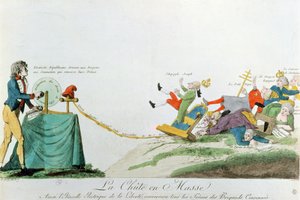 Todos caen, la electricidad generada por la Declaración de los Derechos del Hombre durante la Revolución Francesa derriba los tronos y monarcas de Europa, c.1793 de French School