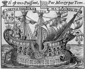 Alegoría del poder francés: “El barco del Estado”, símbolo de Francia, también recuerda las armas de la ciudad de París. Extracto del “Libro de monedas extranjeras o el gran banquero de Francia” (1687) de François Barrême (1638-1703), matemático francés. G de French School