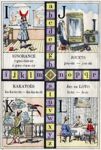 Alfabeto y Letras I J K y L, ignorancia, juguetes, cacatúas y juego de lotería. ABC de las niñas. Imagen de Epinal de French School