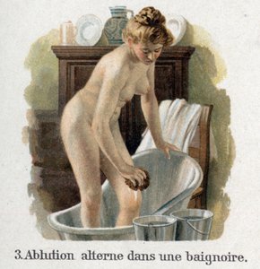 Alución en una bañera con dos cubos, uno de los cuales contiene agua chuad y el otro agua fría de French School