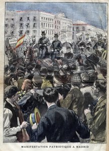 Guerra hispanoamericana (o Desastre de 1898) - manifestación patriótica en Madrid en 1898 en presencia de la Reina María Cristina de España (1858-1929) - grabado en 