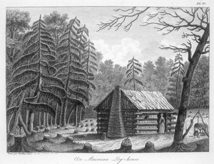 Una casa de troncos americana, grabado por Tardieu de French School