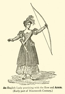Una dama inglesa practicando con arco y flecha, principios del siglo XIX (grabado) de French School