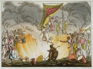 Una viuda india se quema hasta morir con el cuerpo de su esposo, placa 30 de un libro sobre la India, grabado por Gaetano Zancon