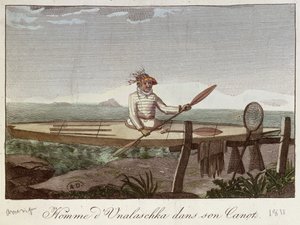 Un habitante de la isla Unalaska en su canoa, 1811 de French School