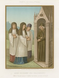 Un abad saludando a los monjes en la puerta de la abadía de French School