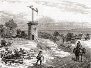 Un poste de telégrafo aéreo en el siglo XVIII, de Les Merveilles de la Science, publicado c.1870 (grabado)