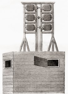 Un sistema de telégrafo aéreo usado en Inglaterra en el siglo XVIII, de Les Merveilles de la Science, publicado c.1870 (grabado) de French School