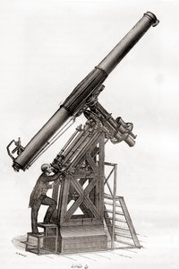 Un telescopio ecuatorial en el Observatorio de París, Francia en el siglo XIX, de Les Merveilles de la Science, publicado c.1870 (grabado) de French School