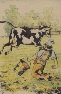 Un intento fallido de ordeñar una vaca (litografía a color) de French School