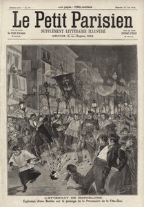 Ataque con bomba anarquista en la procesión del Corpus Christi saliendo de la Iglesia de Santa María, Barcelona, España de French School