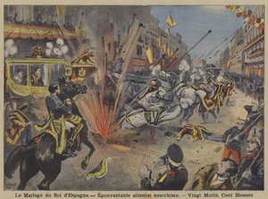 Ataque con bomba anarquista en la procesión de bodas del Rey Alfonso XIII y la Reina Victoria Eugenia de Battenberg en Madrid