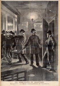 Anarquistas en Inglaterra. La policía allanando el Club de la Autonomía en Londres. Anarquistas en Inglaterra. La policía en el Club Autonomista de Londres. Ilustración para Le petit Journal, 5 de marzo de 1894