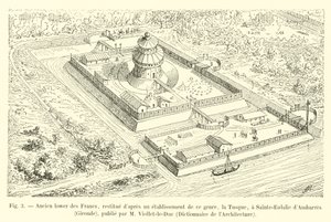 Antiguo lavadero de los Francos, restituido según un establecimiento de este tipo, la Tusque, en Sainte-Eulalie d