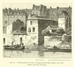 Antiguo muelle de la Cité, aguas arriba del puente Notre-Dame, hacia 1780; según un dibujo de la época de French School