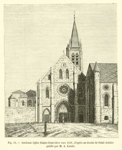 Antigua iglesia Sainte-Genevieve hacia 1516, según un dibujo de Saint-Aulaire publicado por M. A. Lenoir de French School