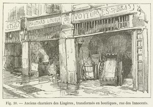 Antiguos osarios de las Lingeres, transformados en tiendas, calle de los Inocentes de French School