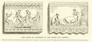 Bajorrelieves romanos antiguos que representan una cosecha de uvas y una escena en los campos de French School