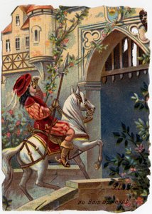 Ilustración anónima para "La bella durmiente", cuento de Charles Perrault (1628-1703), escritor francés: "Después de cien años el príncipe llegó a la puerta del castillo..." Cromolitografía. de French School