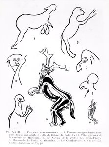 Figuras antropoides en cuevas prehistóricas, de Les Artistes Prehistoriques por Morin-Jean, 1933