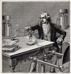 Antoine Laurent de Lavoisier (1743-1794) dirigiendo un experimento - en "Physique populaire" de Emile Desbeaux de French School