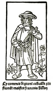 Retrato apócrifo del poeta François Villon en “The Grand Testament” - “Cy comence le grant codicille & testamet maistre François Villon” (aquí comienza el gran codicille y testamento) edición P Levet 1489. de French School