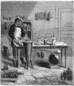 Aparato de Eugene Soubeiran (1797-1858) para la preparación de bicarbonato de sodio - Grabado en “Ciencias al alcance de todos: física y química populares” por Alexis Clerc - Finales del siglo XIX - Colección privada de French School