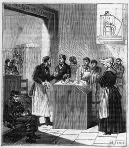 Aparato utilizado en hospitales de París a finales del siglo XIX para la guerra de la sarna con azufre - Grabado en “Ciencias llevadas a la gracia de todos - física y química” por Alexis Clerc - Finales del siglo XIX - Colección privada de French School
