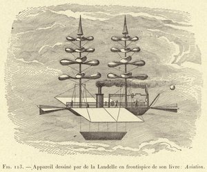 Aparato diseñado por de la Landelle en el frontispicio de su libro: Aviación