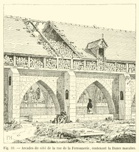 Arcadas del lado de la calle de la Ferronnerie, conteniendo la Danza macabra de French School