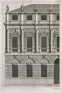 Diseño arquitectónico demostrando proporciones palladianas, grabado por Bernard Picart c.1716 de French School