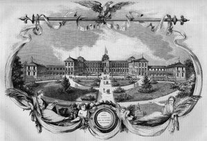 Arquitectura: fachada del hospital conocido como Asilo Imperial de Vincennes para trabajadores convalecientes inaugurado en 1857. Hoy se llama el Hospital Nacional de Saint Maurice, Saint Maurice (94). Grabado en Le Monde Illustré n°20 del 29 de agosto de 