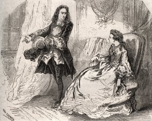 Armande Bejart (1641-1700), esposa de Jean Baptiste Poquelin dit Moliere (1622-1673) con su amante, el Conde de Guiche, Grabado de 1871 en “Histoire Des Cocus Celebres” de Henry de Kock (1819-1892). de French School