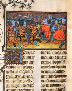 Luchador del ejército. Miniatura tomada del manuscrito de Francesco Petrarca o Petrarca (1304-1374) erudito, poeta y humanista italiano, De Viris Illustribus, 23rv. Biblioteca Universitaria de Valencia de French School