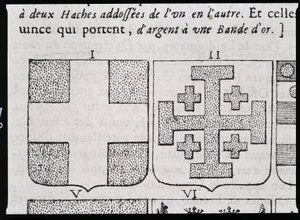 Armas de Montmorency y Godofredo de Bouillon - en "La verdadera y perfecta ciencia del escudo de armas o el índice de armas" por Pierre Paillot de French School