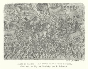 Ejército en marcha, bajorrelieve de Angkor, Camboya (grabado) de French School