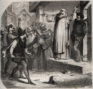 Arnaud du Tilh está atado a una horca y sometido a los insultos de la multitud antes de su ejecución por usurpar la identidad de Martin Guerre (circa 1524 alrededor de 1560). Grabado de 1871 en “Histoire Des Cocuses Celebres” de Henry de Kock de French School