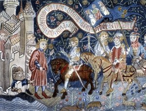 Llegada de Juana de Arco al Castillo de Chinon el 6 de marzo de 1428. Tapiz del siglo XV. Museo de Juana de Arco, Orleans.