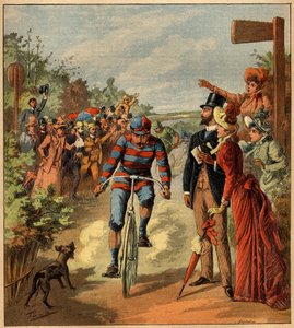 Llegada de una carrera ciclista en el campo francés. Grabado en 