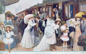 Llegada de los maridos en tren, 1908 de French School
