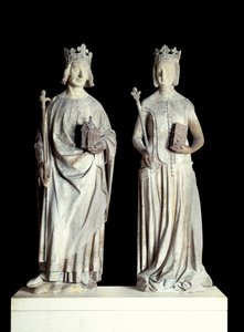 Arte Francia: Estatuas del Rey de Francia Carlos V conocido como Carlos el Sabio (1338-1380) y la Reina de Francia Juana de Borbón (1337-1378). Escultura en piedra caliza del siglo XIV. Probablemente de la fachada de la entrada oriental del Louvre de French School