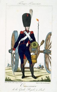 Artillero de la Guardia Real con un cañón, de Troupes Francaises, pub. chez Basset, París, c.1790 de French School