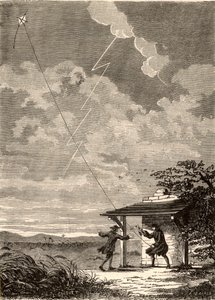 Impresión artística de la investigación de Benjamin Franklin sobre la naturaleza eléctrica de los rayos, de "Les Merveilles de a Science", de Louis Figuier, hacia 1870 (grabado). de French School